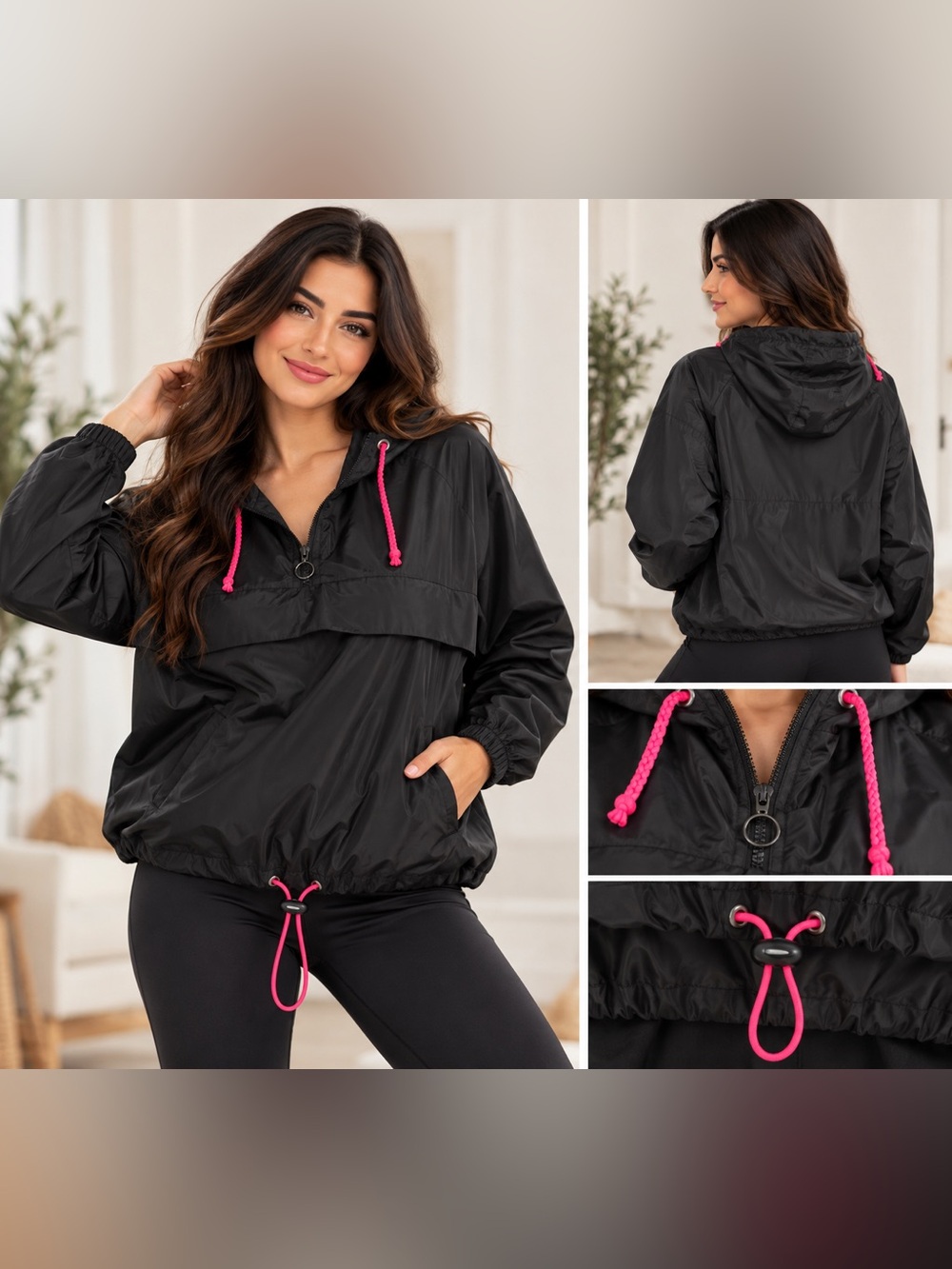 Women's Black Windbreaker Jacket with Pink Accents